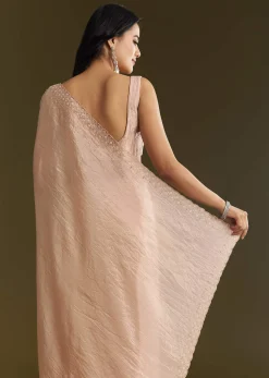Beige Crepe Tissue Saree With Moti Beads And Cutdana Embroidery