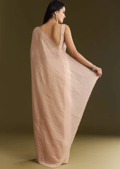 Beige Crepe Tissue Saree With Moti Beads And Cutdana Embroidery