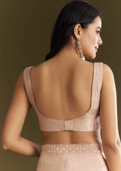 Beige Crepe Tissue Saree With Moti Beads And Cutdana Embroidery