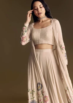 Beige Crop Top Set With Thread And Sequin Jacket