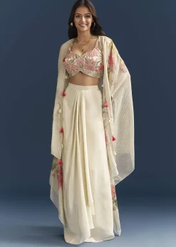 Beige Crop Top Skirt Set With Resham Work And Floral Cape