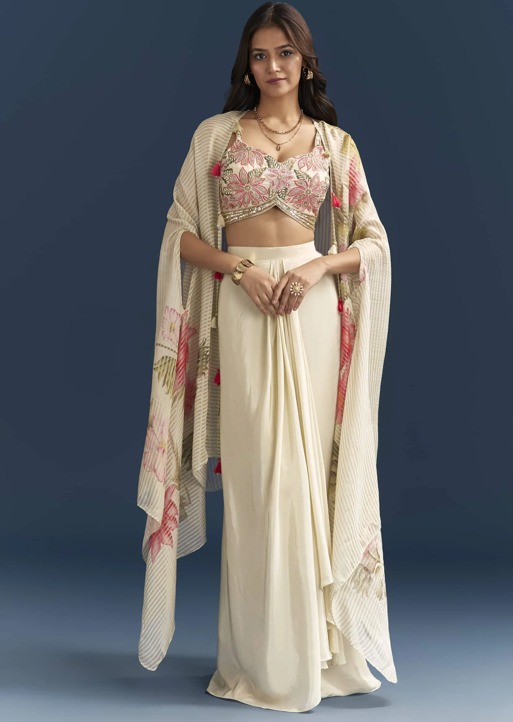 Beige Crop Top Skirt Set With Resham Work And Floral Cape