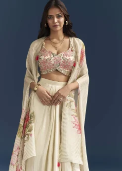 Beige Crop Top Skirt Set With Resham Work And Floral Cape