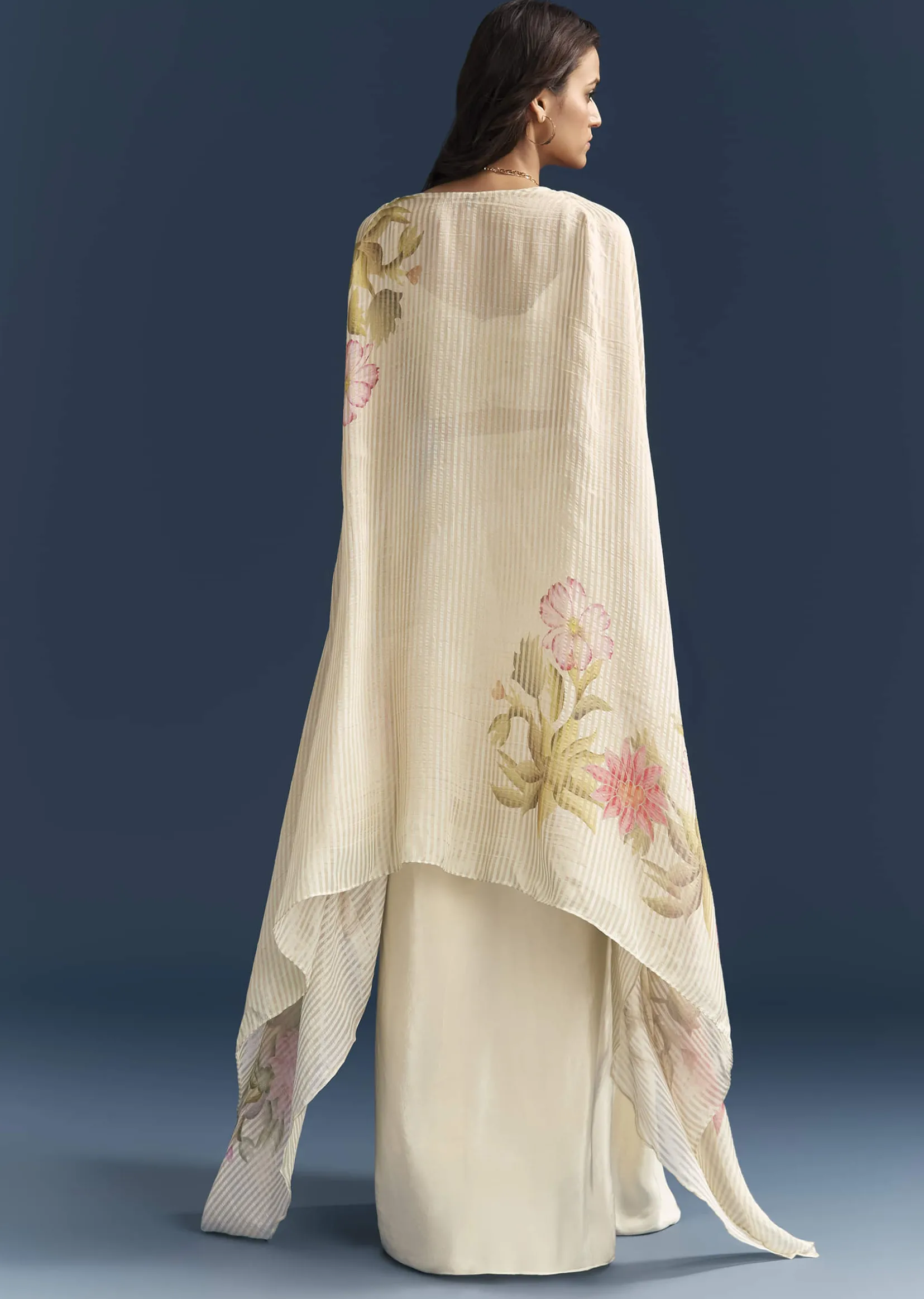 Beige Crop Top Skirt Set With Resham Work And Floral Cape