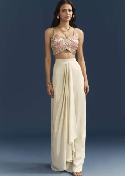 Beige Crop Top Skirt Set With Resham Work And Floral Cape