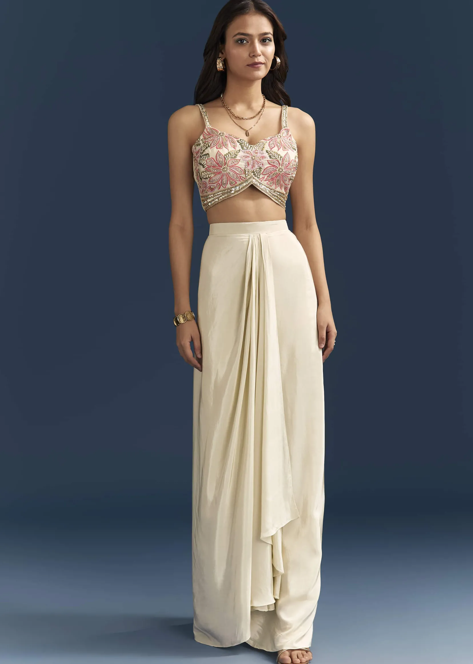 Beige Crop Top Skirt Set With Resham Work And Floral Cape