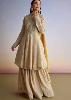 Beige Crush Tissue Embroidered Kurta Sharara Suit With Dupatta