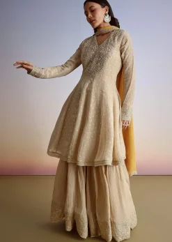 Beige Crush Tissue Embroidered Kurta Sharara Suit With Dupatta