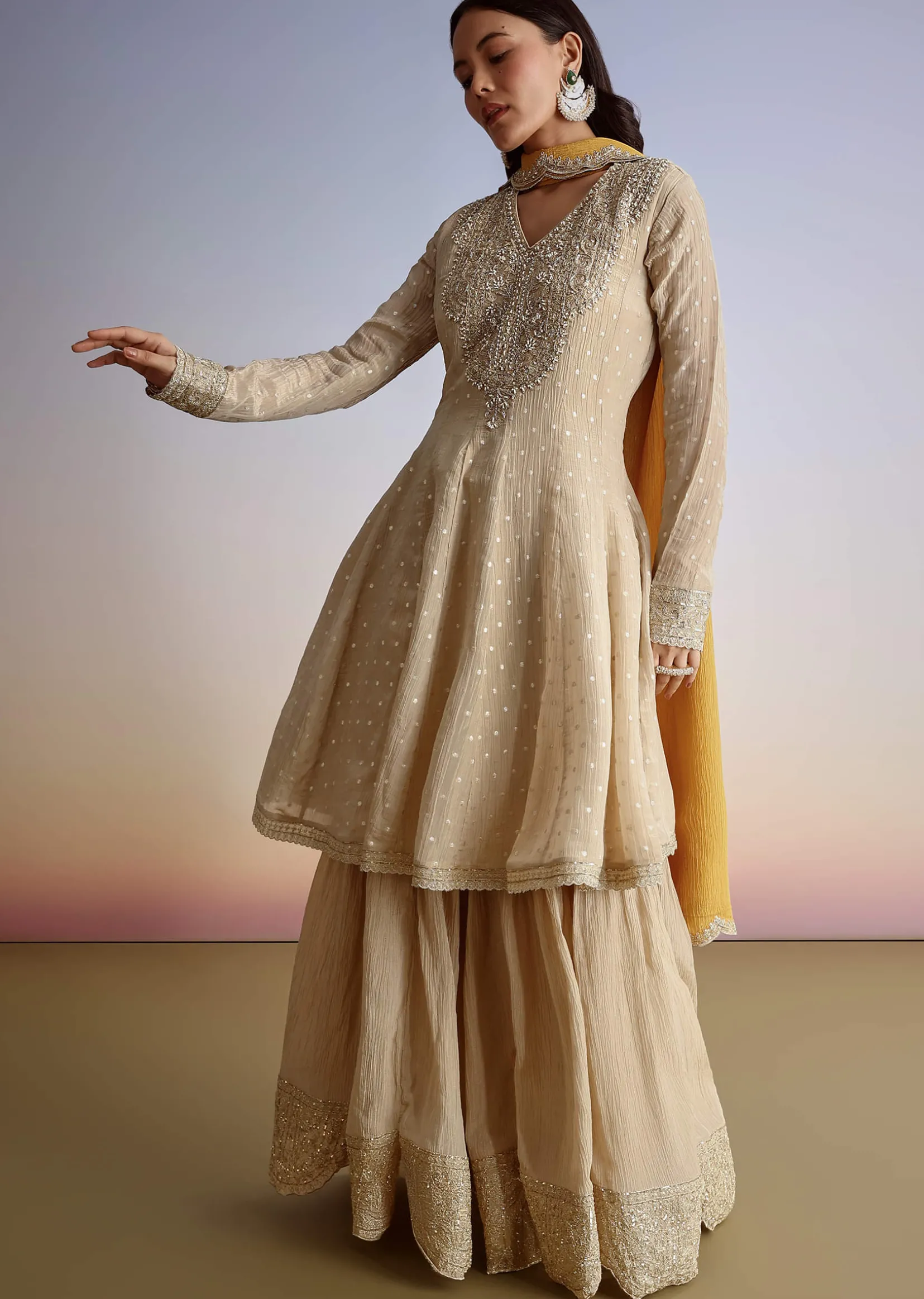 Beige Crush Tissue Embroidered Kurta Sharara Suit With Dupatta