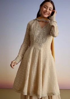 Beige Crush Tissue Embroidered Kurta Sharara Suit With Dupatta