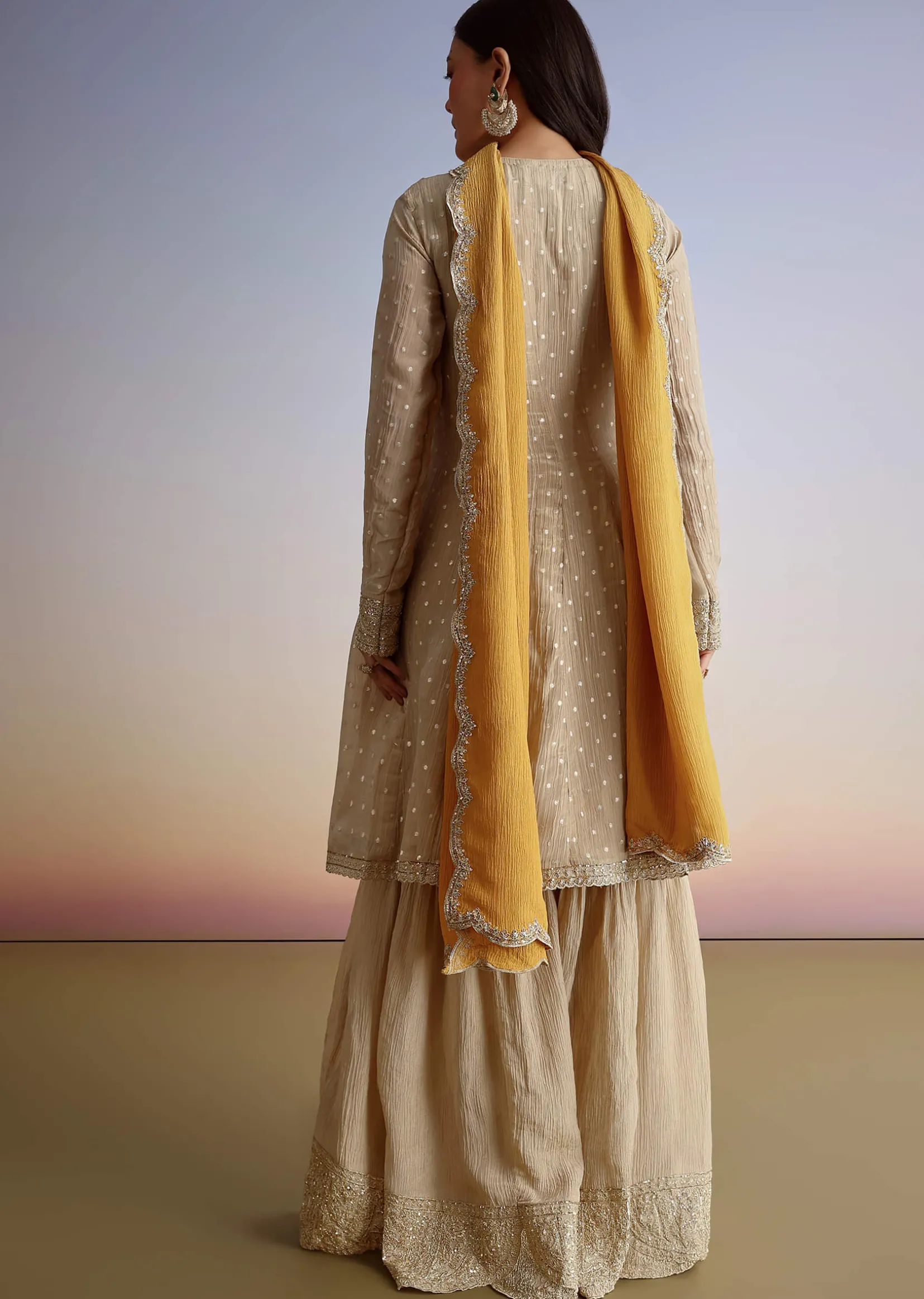 Beige Crush Tissue Embroidered Kurta Sharara Suit With Dupatta