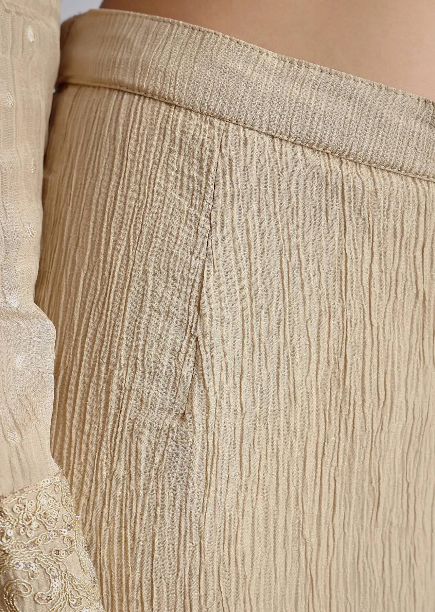 Beige Crush Tissue Embroidered Kurta Sharara Suit With Dupatta