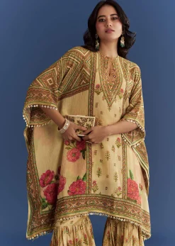 Beige Crush Tissue Floral Printed Kaftaan Sharara With Mirror Sequins Work