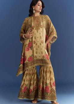 Beige Crush Tissue Floral Printed Kaftaan Sharara With Mirror Sequins Work