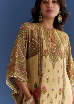 Beige Crush Tissue Floral Printed Kaftaan Sharara With Mirror Sequins Work