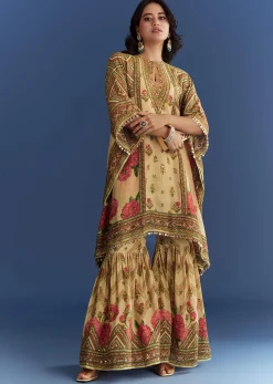 Beige Crush Tissue Floral Printed Kaftaan Sharara With Mirror Sequins Work