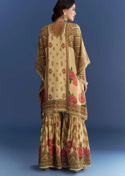 Beige Crush Tissue Floral Printed Kaftaan Sharara With Mirror Sequins Work
