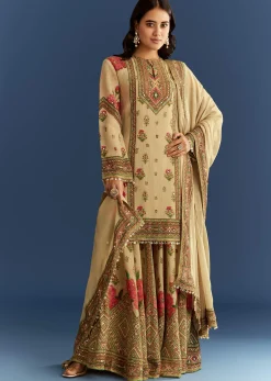 Beige Crush Tissue Floral Printed Kurta Palazzo With Dupatta