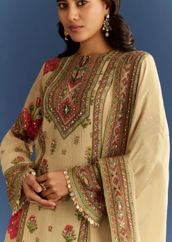 Beige Crush Tissue Floral Printed Kurta Palazzo With Dupatta