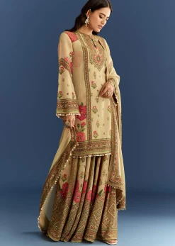 Beige Crush Tissue Floral Printed Kurta Palazzo With Dupatta