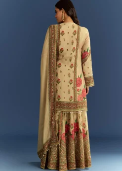 Beige Crush Tissue Floral Printed Kurta Palazzo With Dupatta