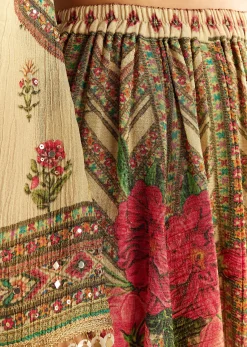 Beige Crush Tissue Floral Printed Kurta Palazzo With Dupatta