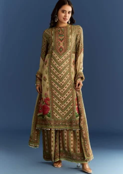 Beige Crush Tissue Floral Printed Kurta With Printed Palazzo