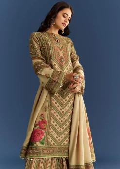 Beige Crush Tissue Floral Printed Kurta With Printed Palazzo