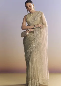 Beige Crush Tissue Saree With Multitech Embroidery