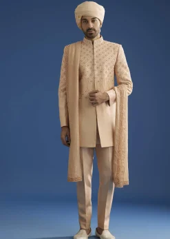 Beige Crush Tissue Sherwani Set With Hand Embroidery