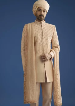 Beige Crush Tissue Sherwani Set With Hand Embroidery