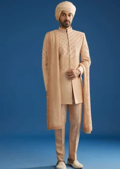 Beige Crush Tissue Sherwani Set With Hand Embroidery