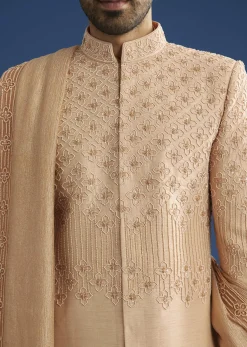 Beige Crush Tissue Sherwani Set With Hand Embroidery
