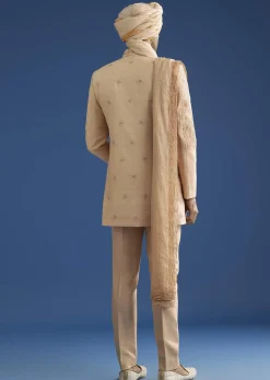 Beige Crush Tissue Sherwani Set With Hand Embroidery