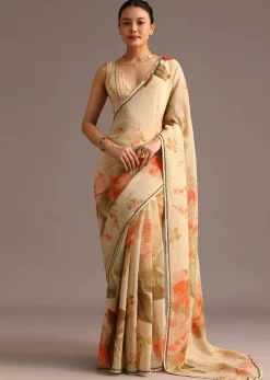 Beige Crushed Abstract Print Saree With Lace Pallu Border