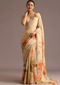 Beige Crushed Abstract Print Saree With Lace Pallu Border