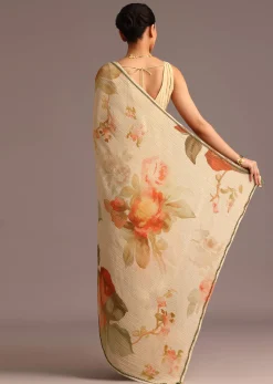 Beige Crushed Abstract Print Saree With Lace Pallu Border
