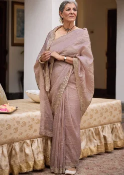 Beige Crushed Tissue Saree With Embroidered Border