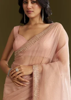 Beige Crushed Tissue Saree With Stone Embellishment And Glossy Finish
