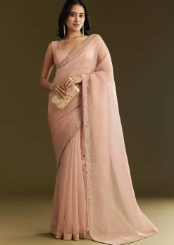 Beige Crushed Tissue Saree With Stone Embellishment And Glossy Finish