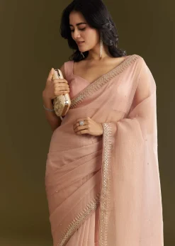 Beige Crushed Tissue Saree With Stone Embellishment And Glossy Finish