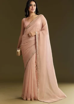 Beige Crushed Tissue Saree With Stone Embellishment And Glossy Finish