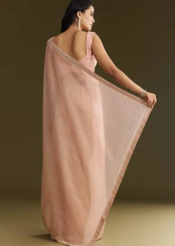Beige Crushed Tissue Saree With Stone Embellishment And Glossy Finish