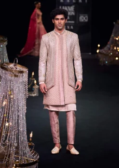 Beige Double Layered Raw Silk Sherwani And Kurta Set