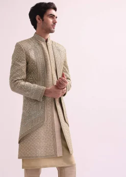 Beige Double Layered Raw Silk Sherwani And Kurta Set