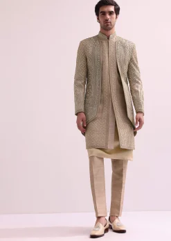 Beige Double Layered Raw Silk Sherwani And Kurta Set