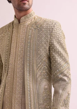 Beige Double Layered Raw Silk Sherwani And Kurta Set