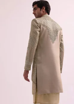 Beige Double Layered Raw Silk Sherwani And Kurta Set