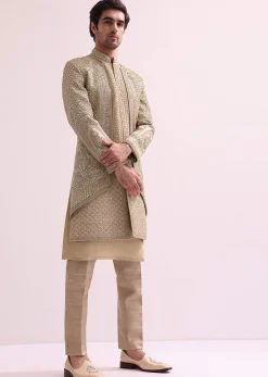 Beige Double Layered Raw Silk Sherwani And Kurta Set