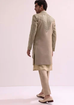 Beige Double Layered Raw Silk Sherwani And Kurta Set